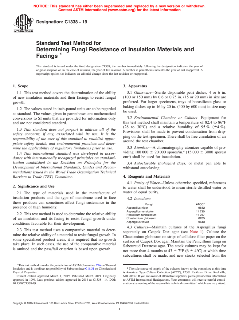 ASTM C1338-19 - Standard Test Method for  Determining Fungi Resistance of Insulation Materials and Facings