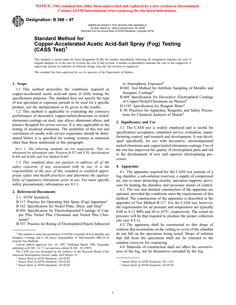 ASTM B368-97 - Standard Method for Copper-Accelerated Acetic Acid-Salt Spray (Fog) Testing (CASS Test)