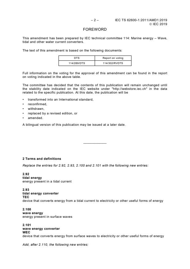 IEC TS 62600-1:2011/AMD1:2019 IEC TS 62600-1:2011/AMD1:2019 - Amendment 1 - Marine energy - Wave, tidal and other water current converters - Part 1: Terminology - Page 4 preview