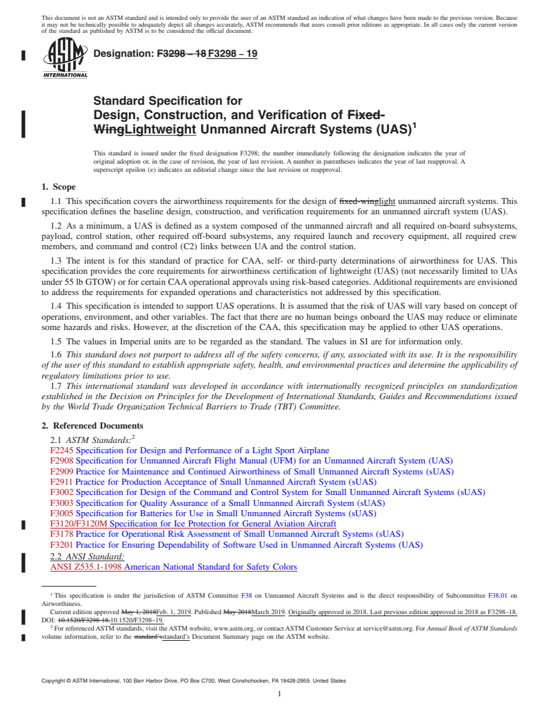 REDLINE ASTM F3298-19 - Standard Specification for Design, Construction, and Verification of Lightweight Unmanned  Aircraft Systems (UAS)