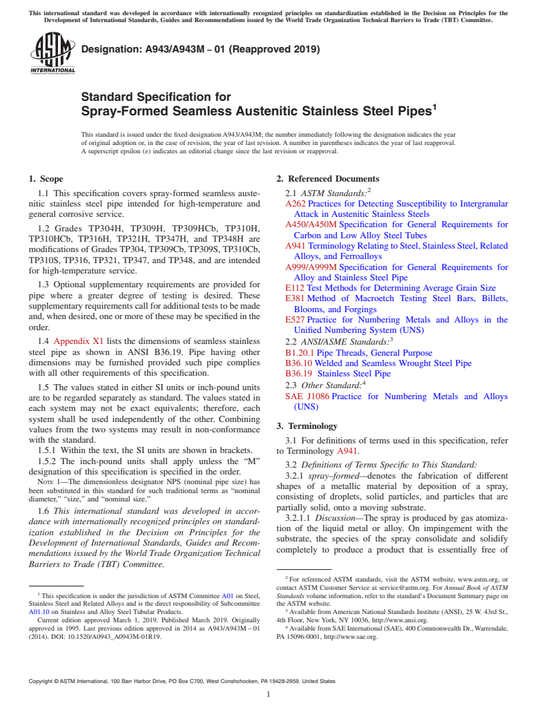 ASTM A943/A943M-01(2019) - Standard Specification for  Spray-Formed Seamless Austenitic Stainless Steel Pipes