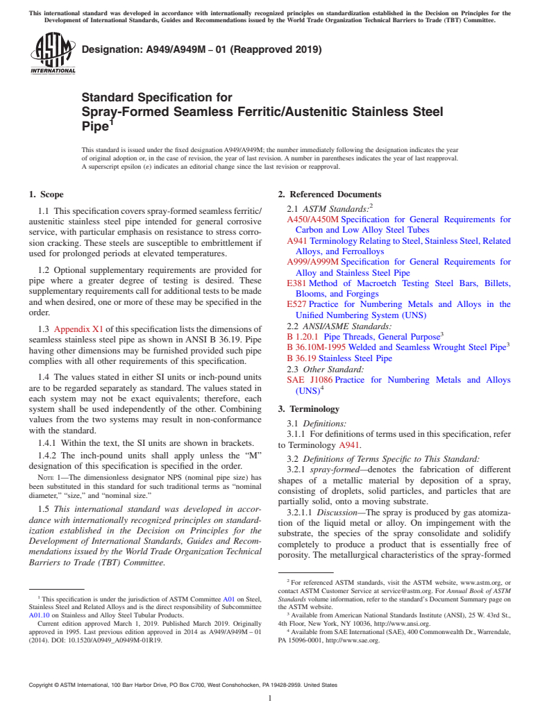 ASTM A949/A949M-01(2019) - Standard Specification for  Spray-Formed Seamless Ferritic/Austenitic Stainless Steel Pipe