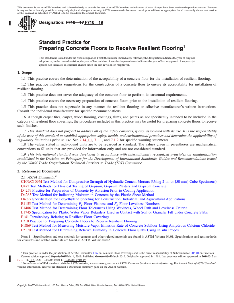 REDLINE ASTM F710-19 - Standard Practice for  Preparing Concrete Floors to Receive Resilient Flooring