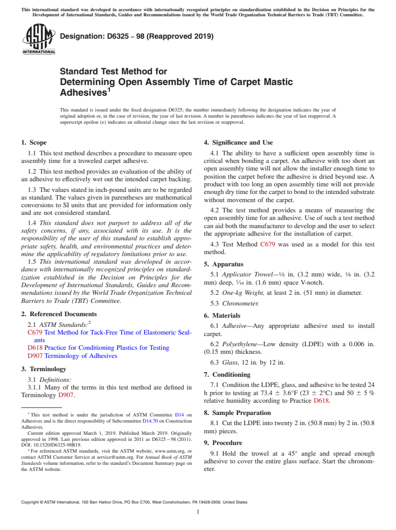 ASTM D6325-98(2019) - Standard Test Method for Determining Open Assembly Time of Carpet Mastic Adhesives