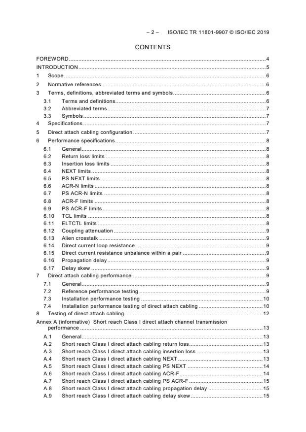 ISO/IEC TR 11801-9907:2019 ISO/IEC TR 11801-9907:2019 - Information technology - Generic cabling for customer premises - Part 9907: Specifications for direct attach cabling - Page 4 preview