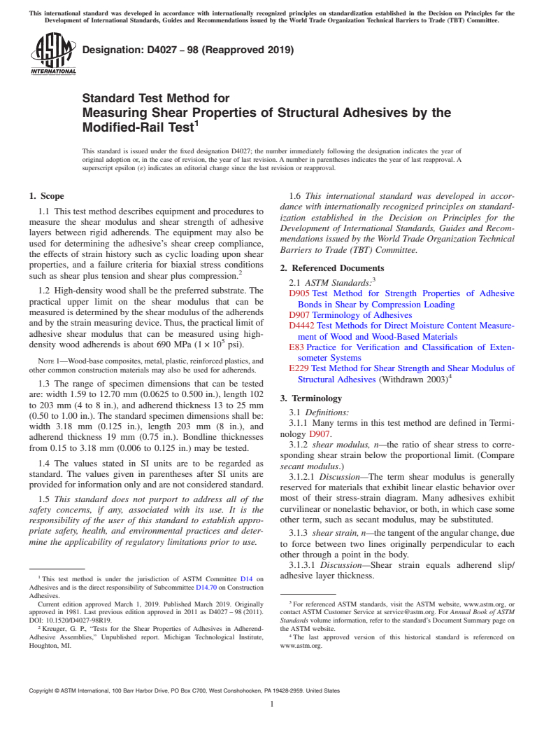 ASTM D4027-98(2019) - Standard Test Method for Measuring Shear Properties of Structural Adhesives by the Modified-Rail  Test