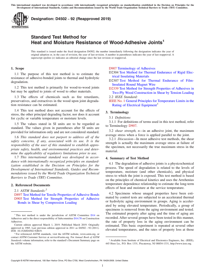 ASTM D4502-92(2019) - Standard Test Method for Heat and Moisture Resistance of Wood-Adhesive Joints