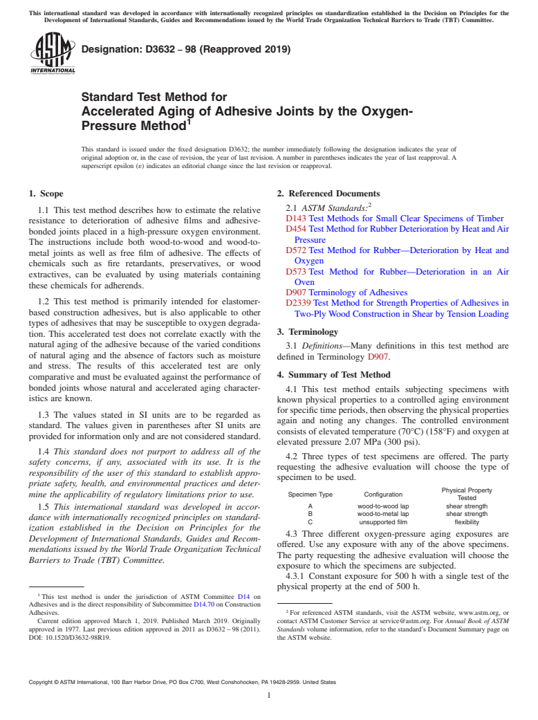 ASTM D3632-98(2019) - Standard Test Method for Accelerated Aging of Adhesive Joints by the Oxygen-Pressure  Method