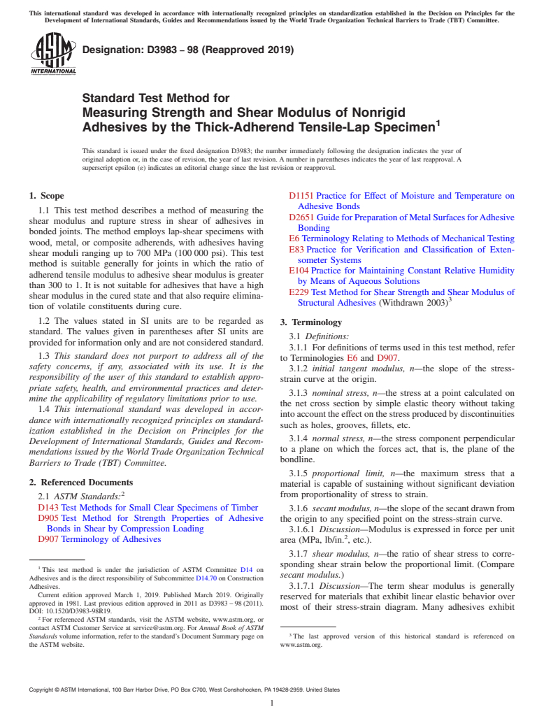 ASTM D3983-98(2019) - Standard Test Method for Measuring Strength and Shear Modulus of Nonrigid Adhesives  by the Thick-Adherend Tensile-Lap Specimen