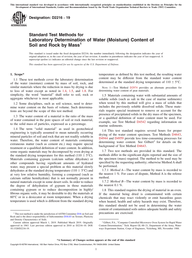ASTM D2216-19 - Standard Test Methods for  Laboratory Determination of Water (Moisture) Content of Soil   and Rock by Mass