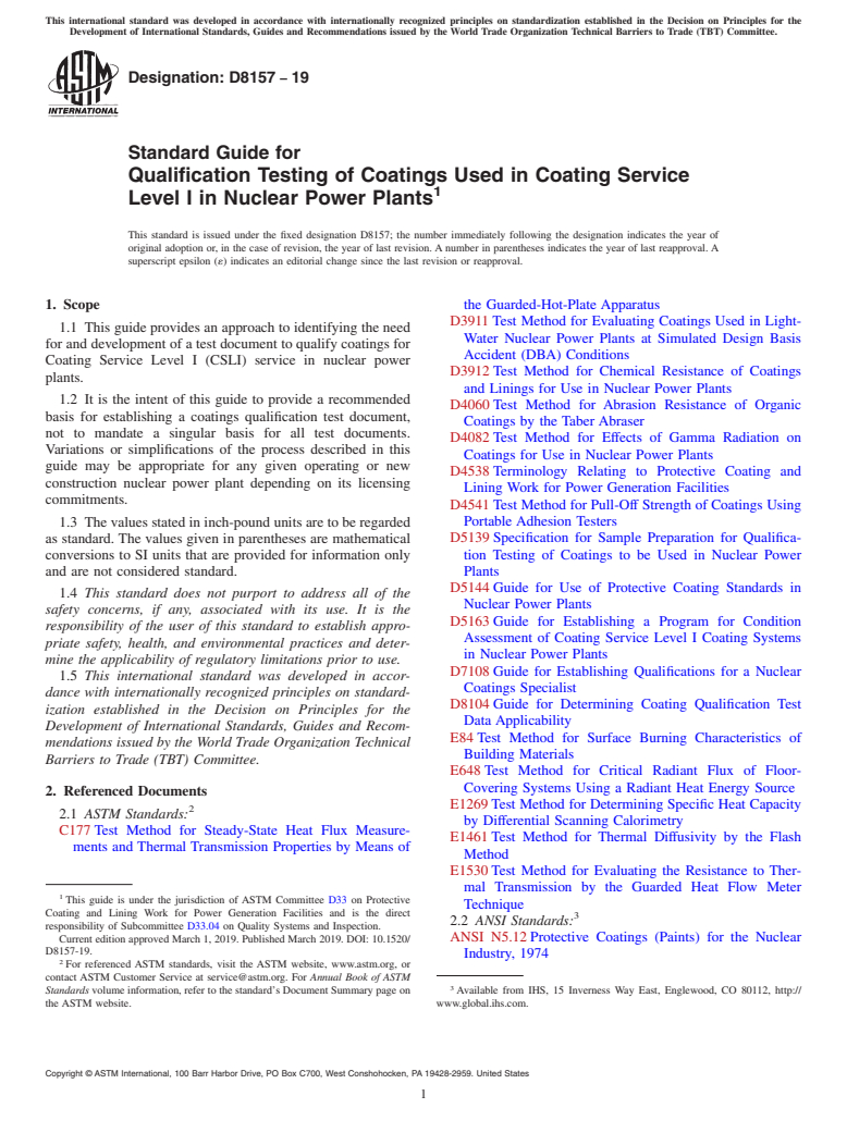 ASTM D8157-19 - Standard Guide for Qualification Testing of Coatings Used in Coating Service Level  I in Nuclear Power Plants