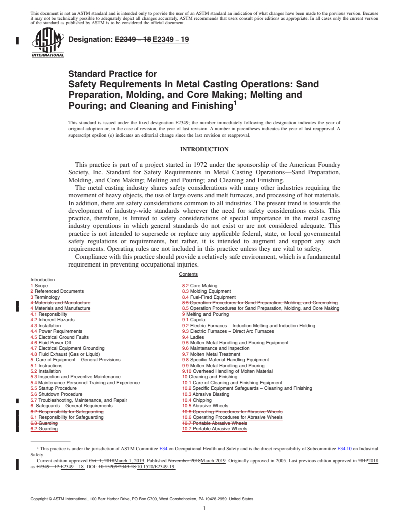REDLINE ASTM E2349-19 - Standard Practice for  Safety Requirements in Metal Casting Operations: Sand Preparation,  Molding, and Core Making; Melting and Pouring; and Cleaning and Finishing