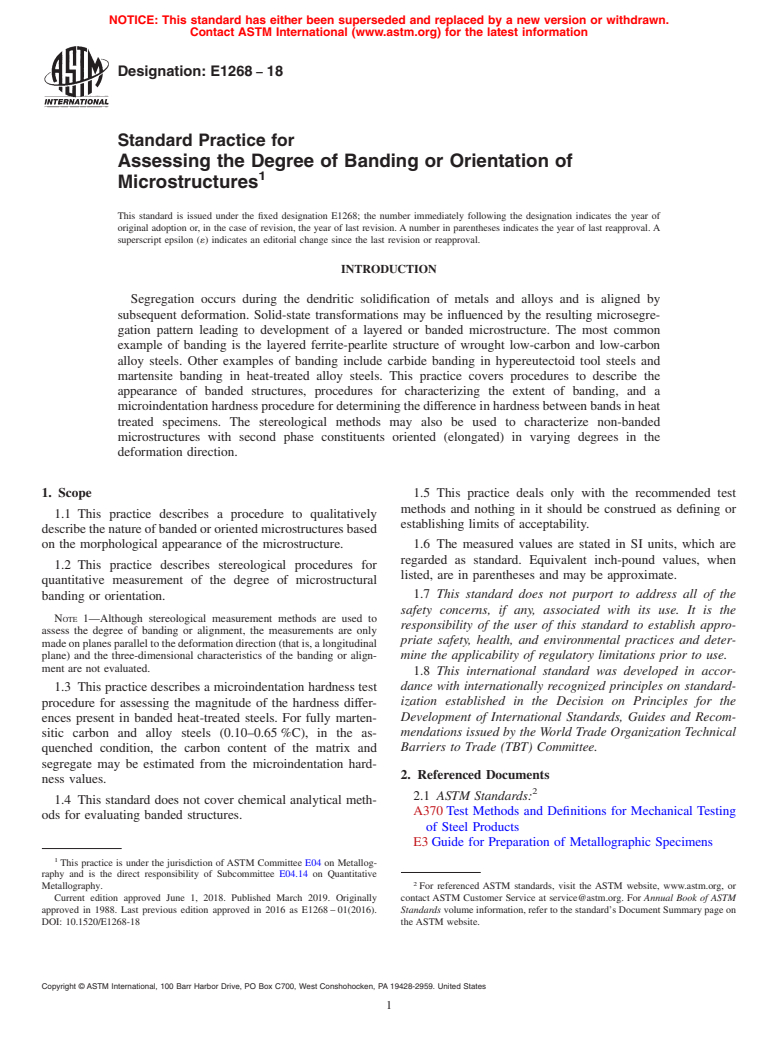 ASTM E1268-18 - Standard Practice for  Assessing the Degree of Banding or Orientation of Microstructures