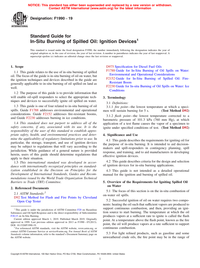 ASTM F1990-19 - Standard Guide for  In-Situ Burning of Spilled Oil: Ignition Devices