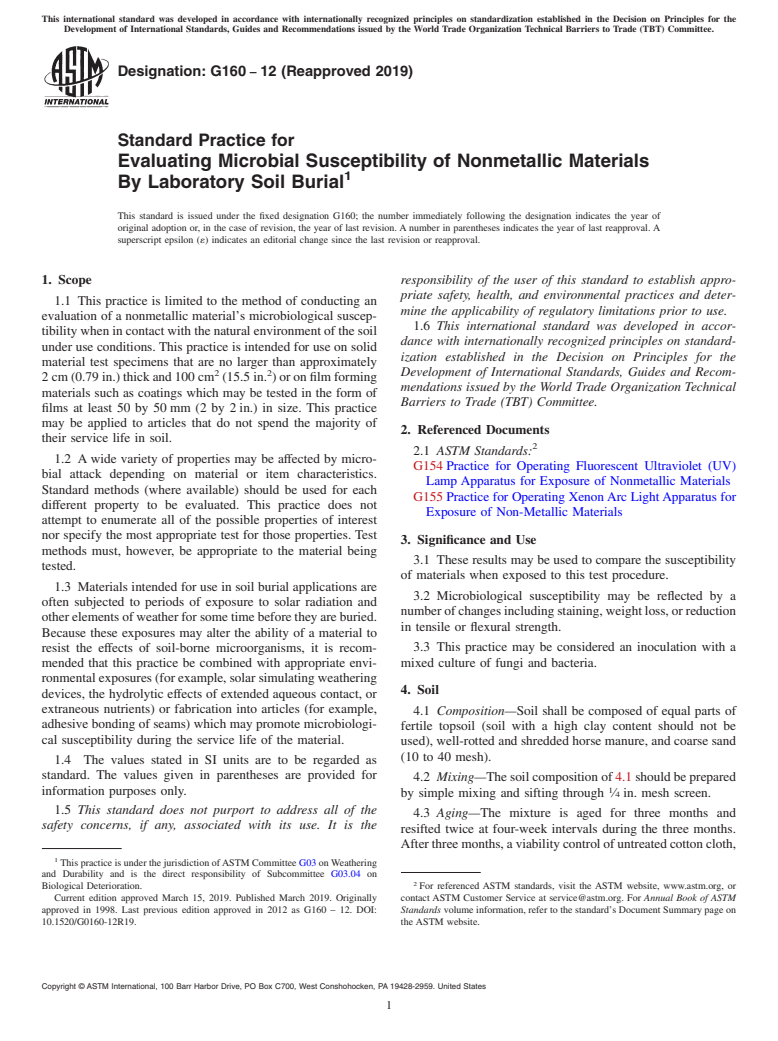 ASTM G160-12(2019) - Standard Practice for  Evaluating Microbial Susceptibility of Nonmetallic Materials  By Laboratory Soil Burial