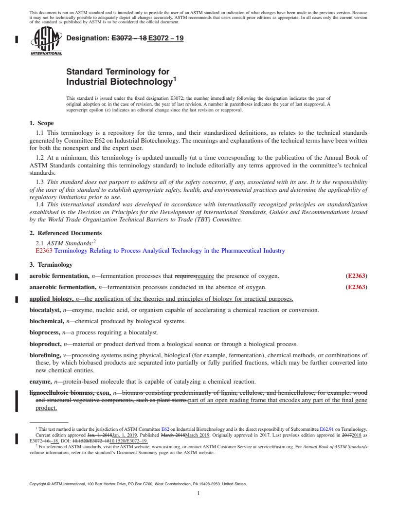 REDLINE ASTM E3072-19 - Standard Terminology for Industrial Biotechnology