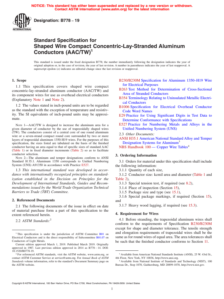 ASTM B778-19 - Standard Specification for Shaped Wire Compact Concentric-Lay-Stranded Aluminum Conductors  (AAC/TW)