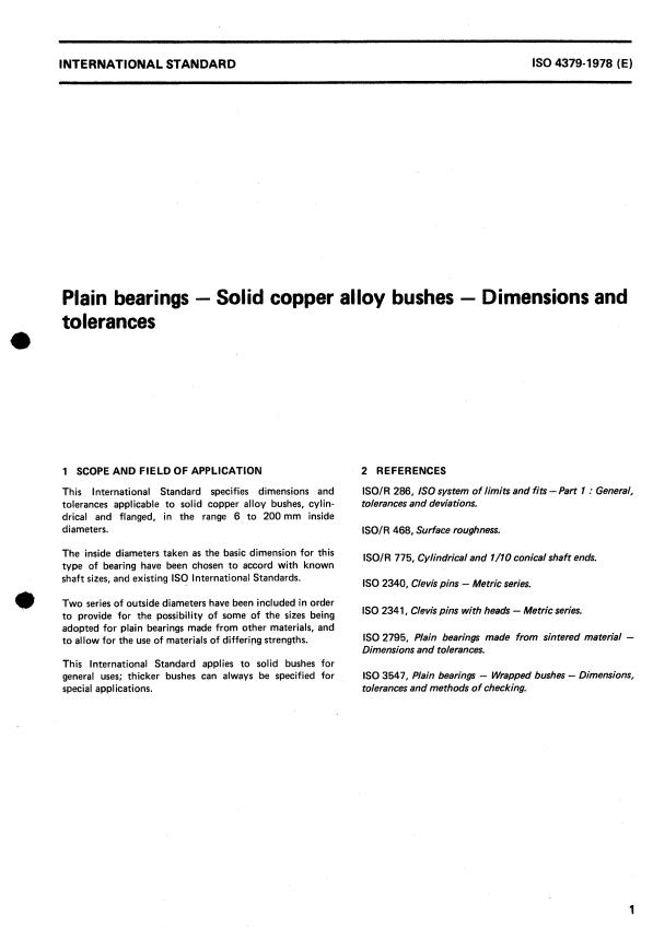 ISO 4379:1978 - Plain bearings -- Solid copper alloy bushes _ Dimensions and tolerances