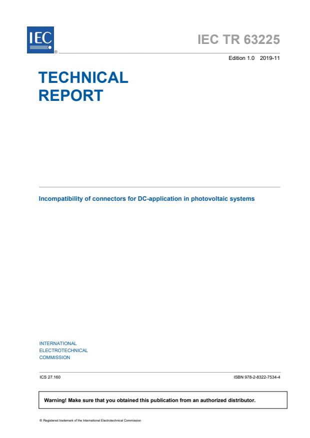 IEC TR 63225:2019 - Incompatibility of connectors for DC-application in photovoltaic systems
