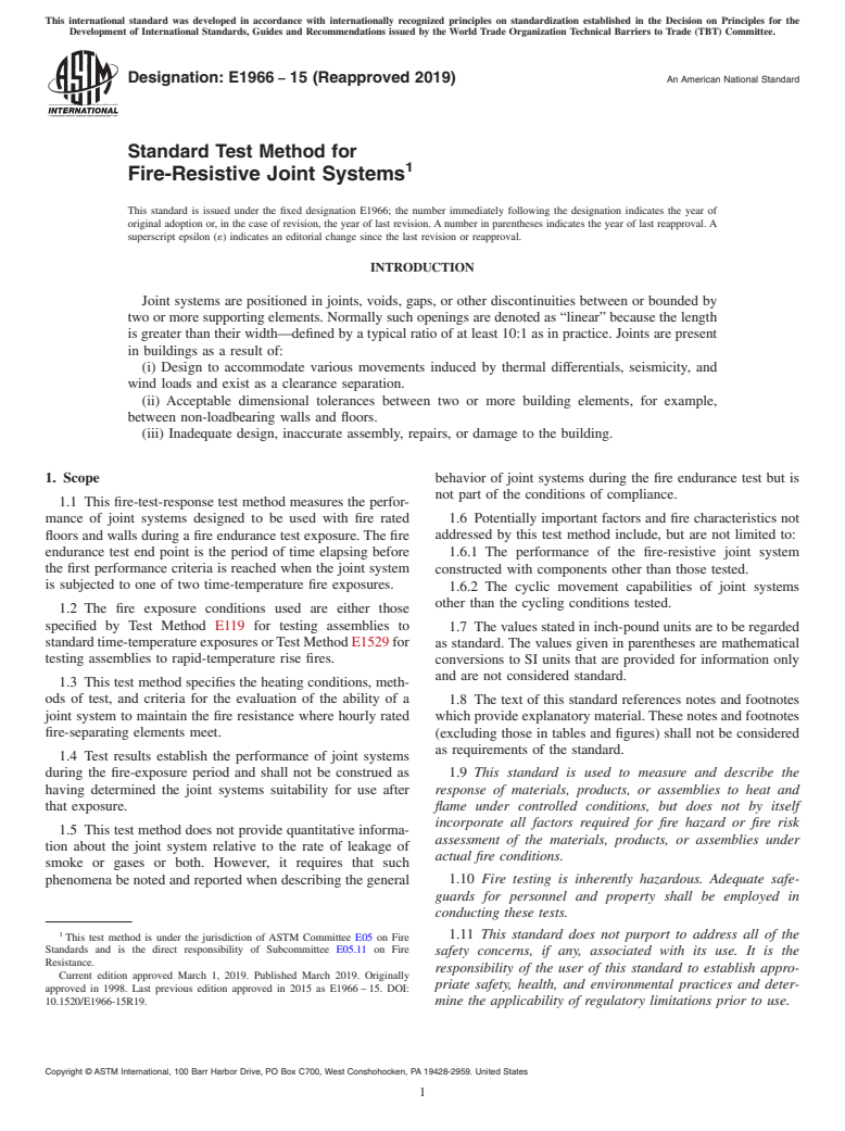 ASTM E1966-15(2019) - Standard Test Method for  Fire-Resistive Joint Systems