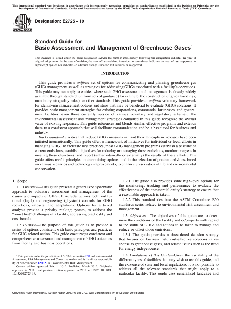ASTM E2725-19 - Standard Guide for  Basic Assessment and Management of Greenhouse Gases