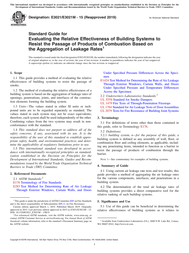 ASTM E3021/E3021M-15(2019) - Standard Guide for Evaluating the Relative Effectiveness of Building Systems to  Resist the Passage of Products of Combustion Based on the Aggregation  of Leakage Rates