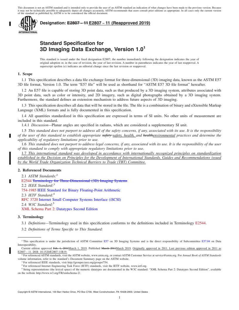 REDLINE ASTM E2807-11(2019) - Standard Specification for  3D Imaging Data Exchange, Version 1.0