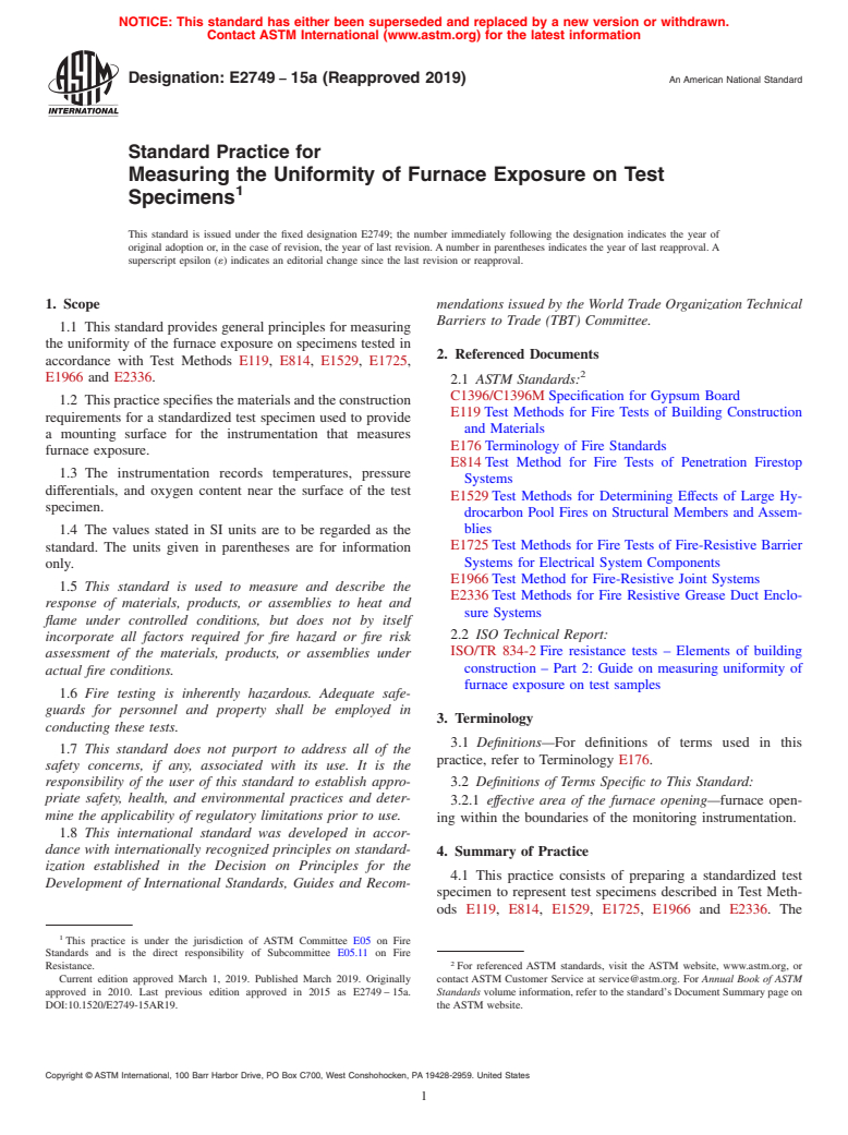 ASTM E2749-15a(2019) - Standard Practice for  Measuring the Uniformity of Furnace Exposure on Test Specimens