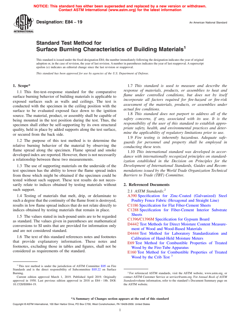 ASTM E84-19 - Standard Test Method for  Surface Burning Characteristics of Building Materials