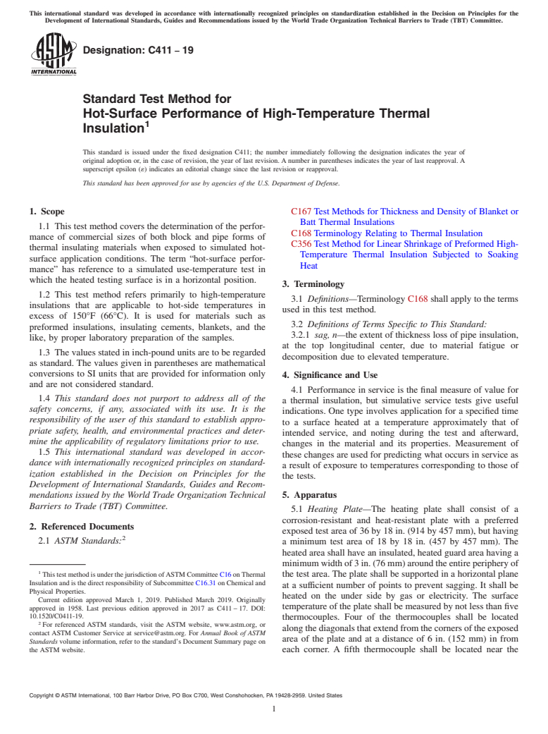 ASTM C411-19 - Standard Test Method for Hot-Surface Performance of High-Temperature Thermal Insulation