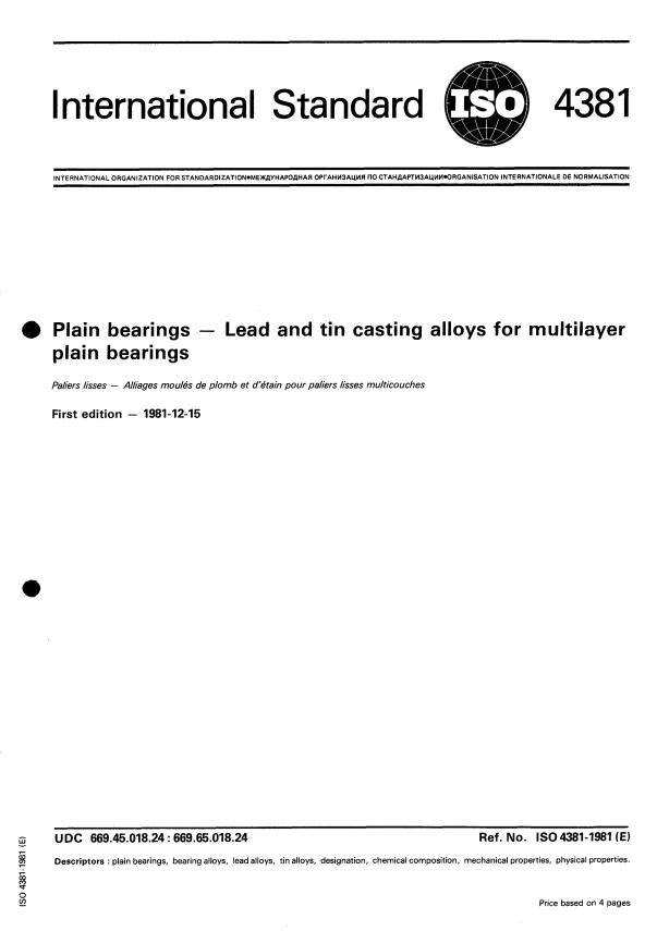 ISO 4381:1981 - Plain bearings -- Lead and tin casting alloys for multilayer plain bearings
