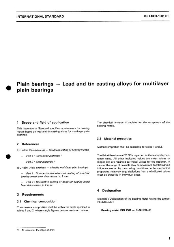 ISO 4381:1981 - Plain bearings -- Lead and tin casting alloys for multilayer plain bearings