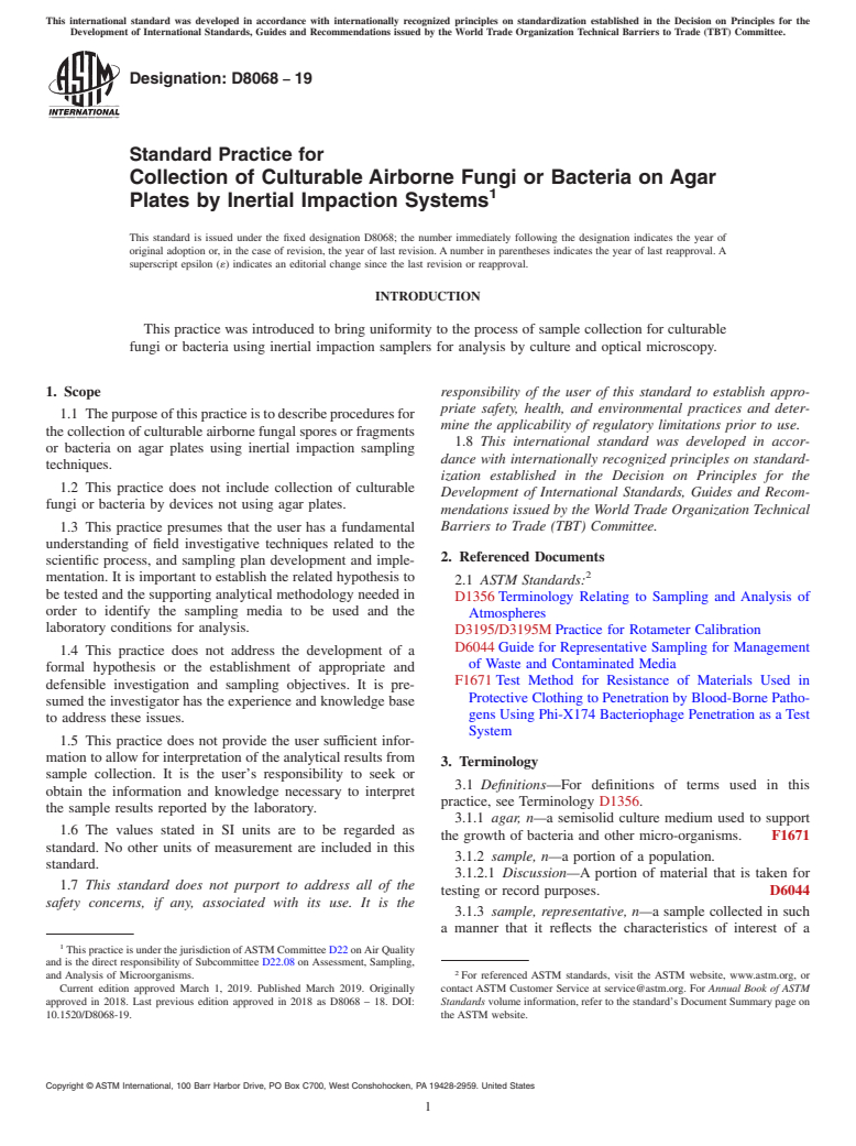 ASTM D8068-19 - Standard Practice for Collection of Culturable Airborne Fungi or Bacteria on Agar  Plates by Inertial Impaction Systems