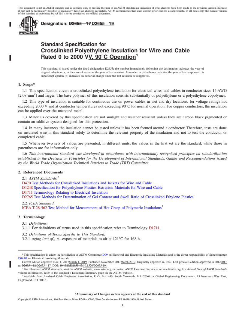 REDLINE ASTM D2655-19 - Standard Specification for  Crosslinked Polyethylene Insulation for Wire and Cable Rated  0 to 2000 V,   90&#xb0;C Operation