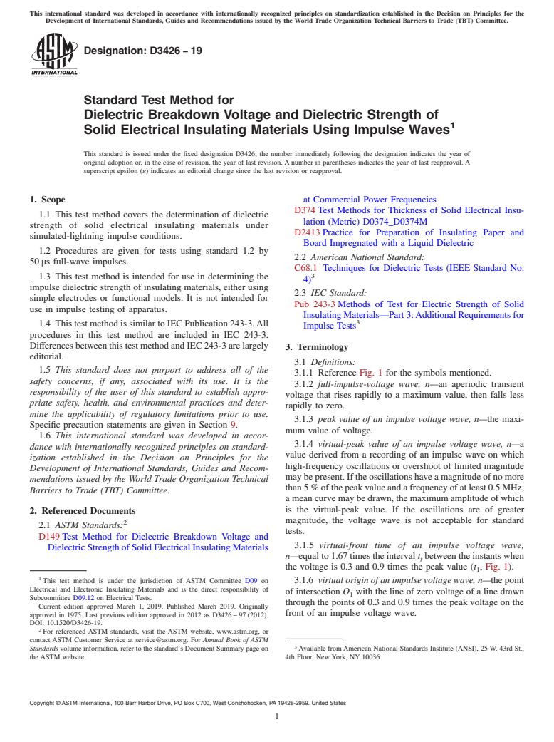 ASTM D3426-19 - Standard Test Method for  Dielectric Breakdown Voltage and Dielectric Strength of Solid  Electrical Insulating Materials Using Impulse Waves