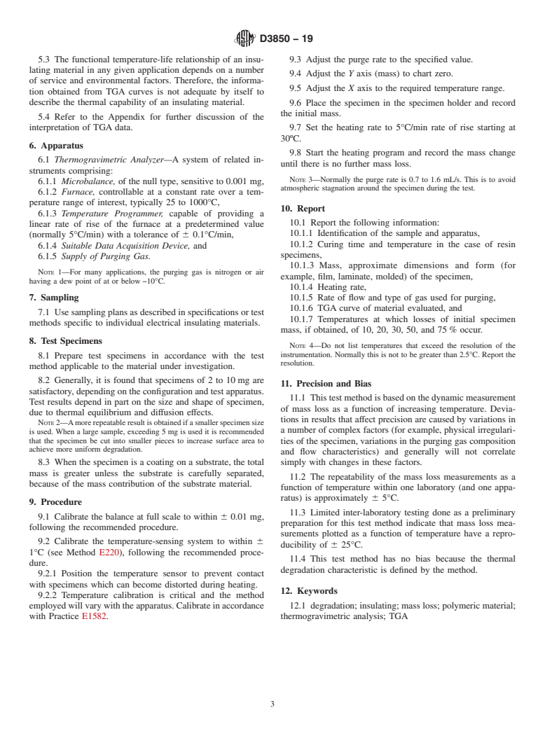 ASTM D3850-19 - Standard Test Method for  Rapid Thermal Degradation of Solid Electrical Insulating Materials   By Thermogravimetric Method (TGA)