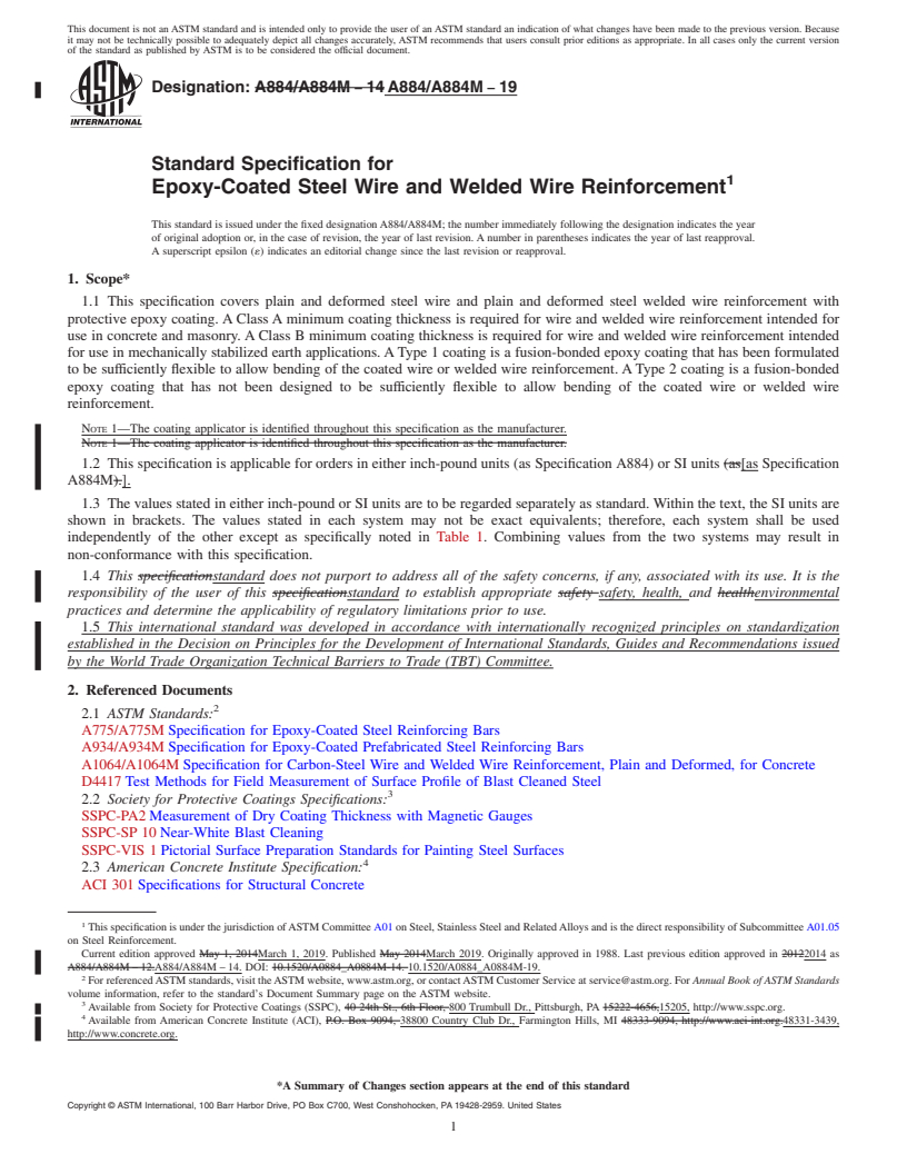 REDLINE ASTM A884/A884M-19 - Standard Specification for  Epoxy-Coated Steel Wire and Welded Wire Reinforcement