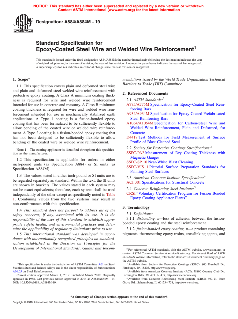 ASTM A884/A884M-19 - Standard Specification for  Epoxy-Coated Steel Wire and Welded Wire Reinforcement