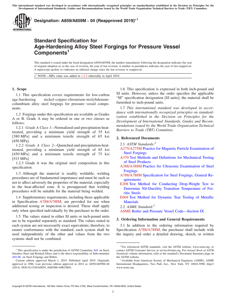 ASTM A859/A859M-04(2019)e1 - Standard Specification for Age-Hardening Alloy Steel Forgings for Pressure Vessel Components