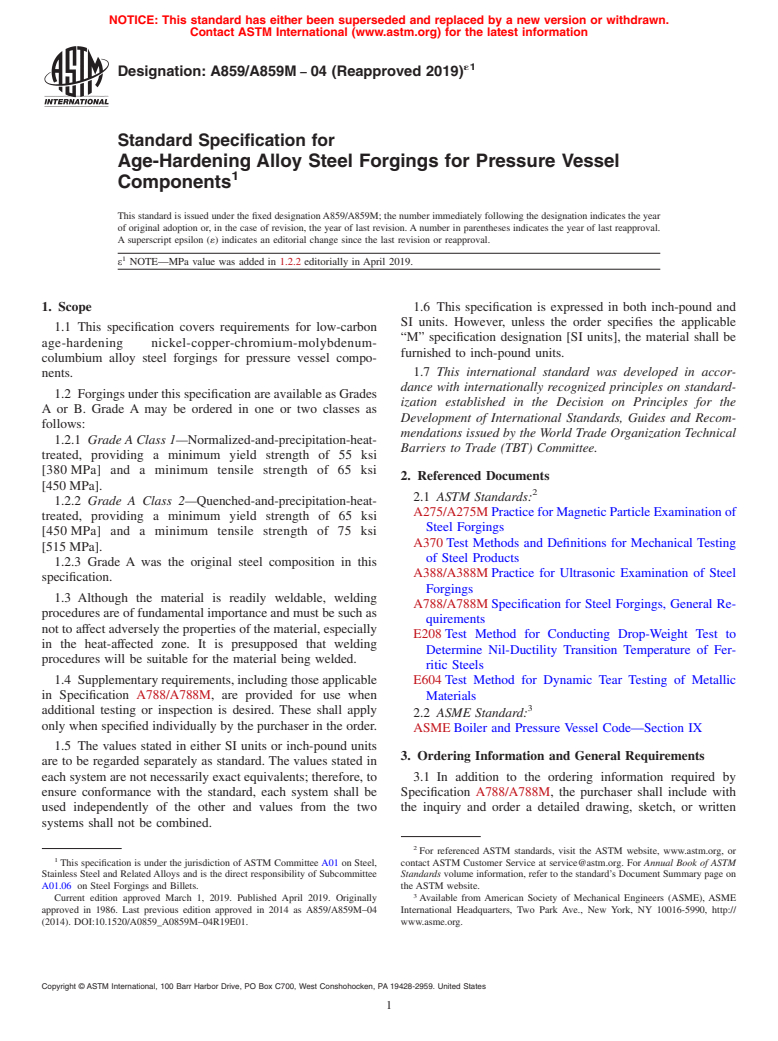 ASTM A859/A859M-04(2019)e1 - Standard Specification for Age-Hardening Alloy Steel Forgings for Pressure Vessel Components