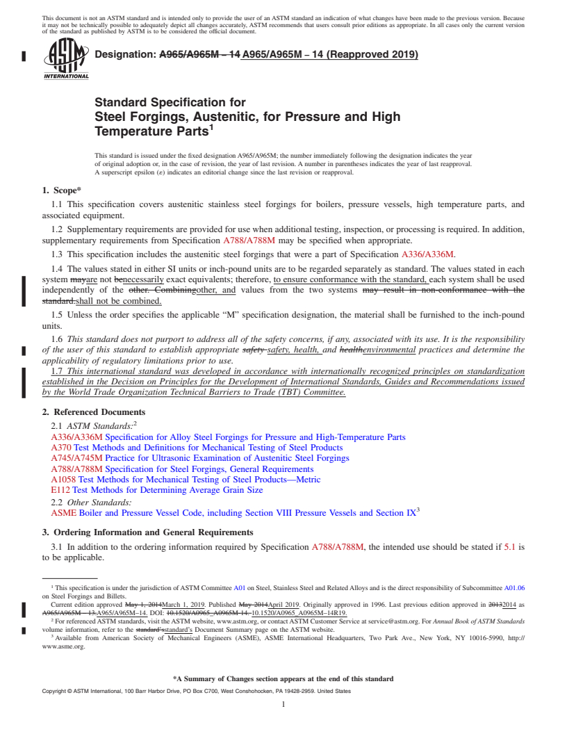 REDLINE ASTM A965/A965M-14(2019) - Standard Specification for Steel Forgings, Austenitic, for Pressure and High Temperature  Parts