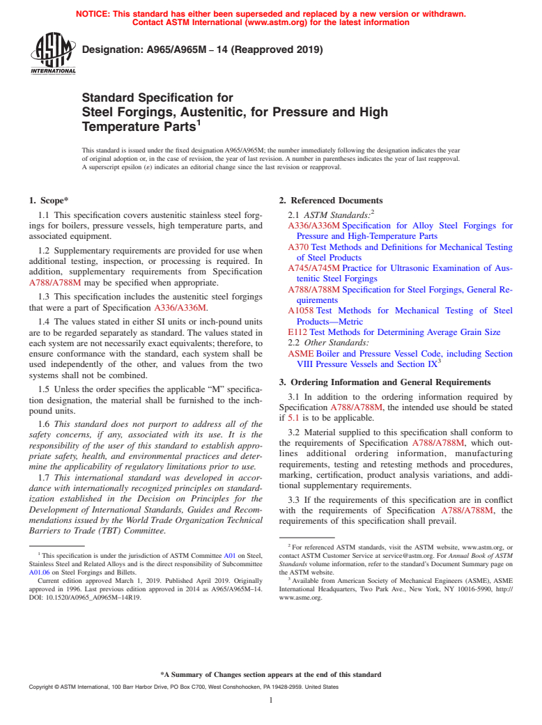 ASTM A965/A965M-14(2019) - Standard Specification for Steel Forgings, Austenitic, for Pressure and High Temperature  Parts