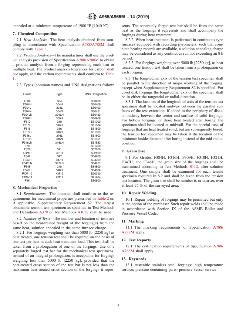 ASTM A965/A965M-14(2019) - Standard Specification for Steel Forgings, Austenitic, for Pressure and High Temperature  Parts