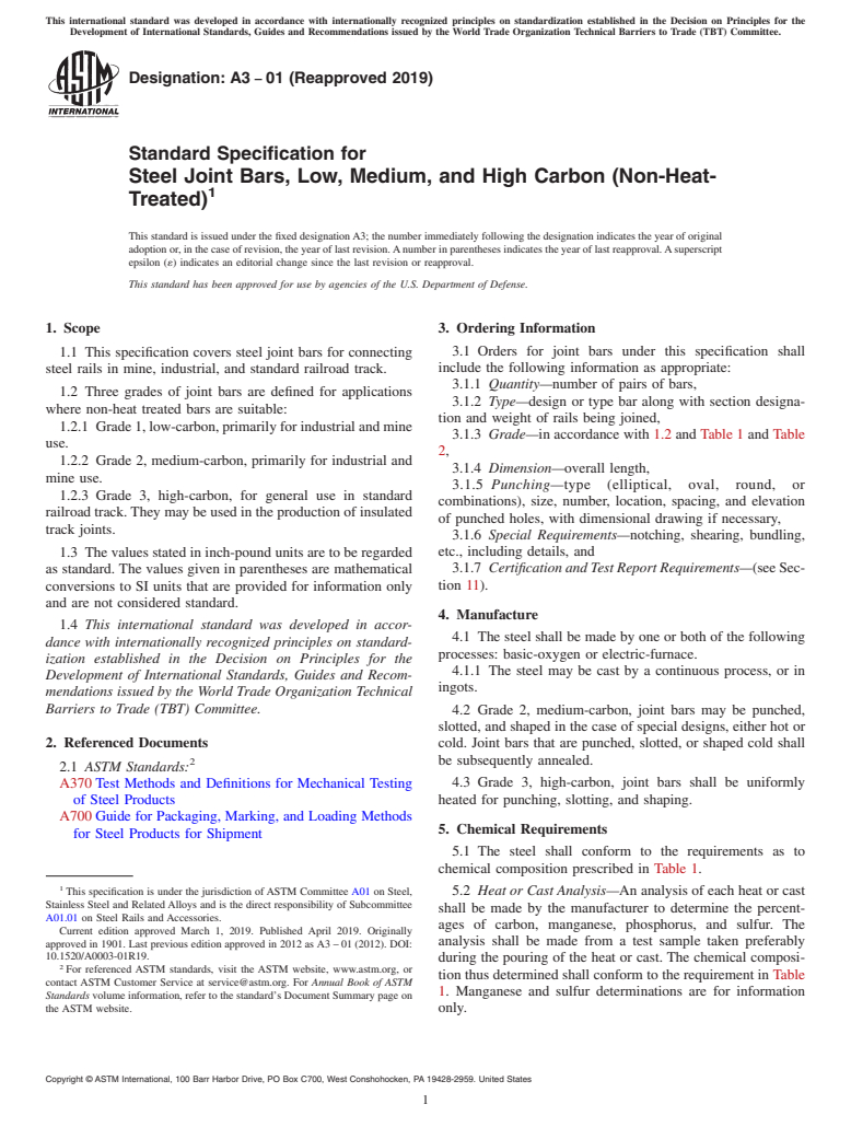 ASTM A3-01(2019) - Standard Specification for  Steel Joint Bars, Low, Medium, and High Carbon (Non-Heat-Treated)