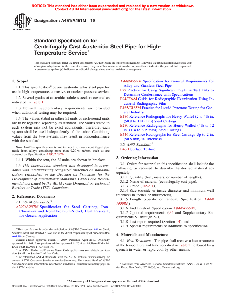 ASTM A451/A451M-19 - Standard Specification for  Centrifugally Cast Austenitic Steel Pipe for High-Temperature   Service