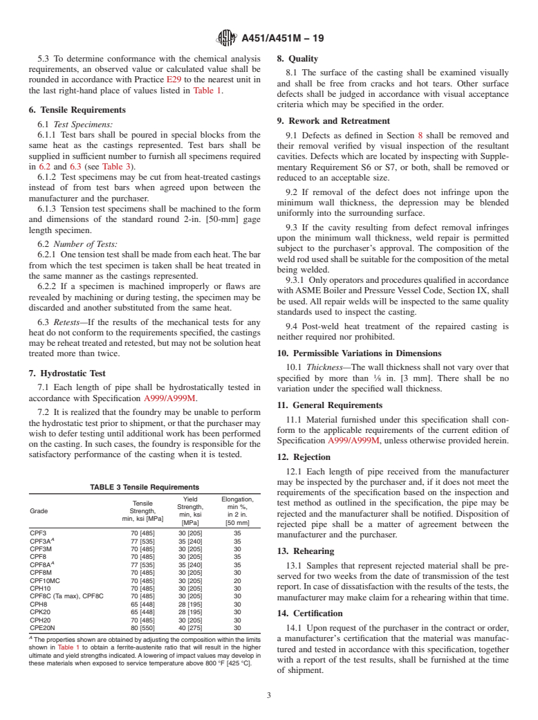 ASTM A451/A451M-19 - Standard Specification for  Centrifugally Cast Austenitic Steel Pipe for High-Temperature   Service