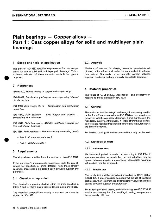 ISO 4382-1:1982 - Plain bearings -- Copper alloys