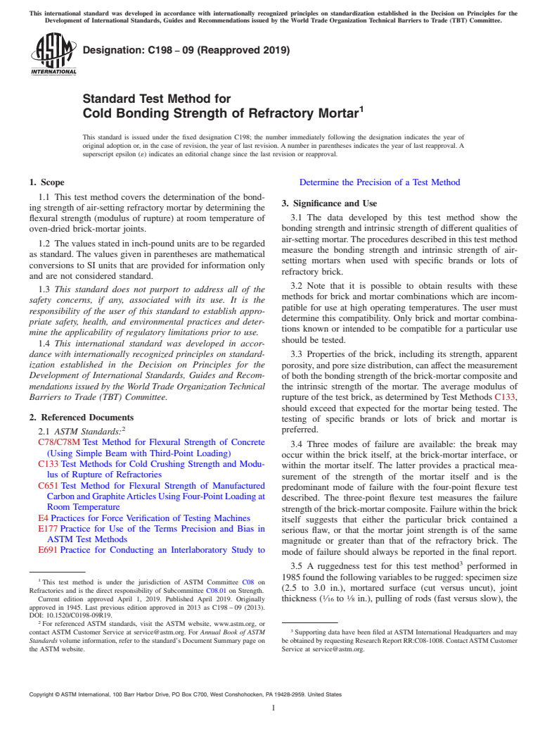 ASTM C198-09(2019) - Standard Test Method for Cold Bonding Strength of Refractory Mortar