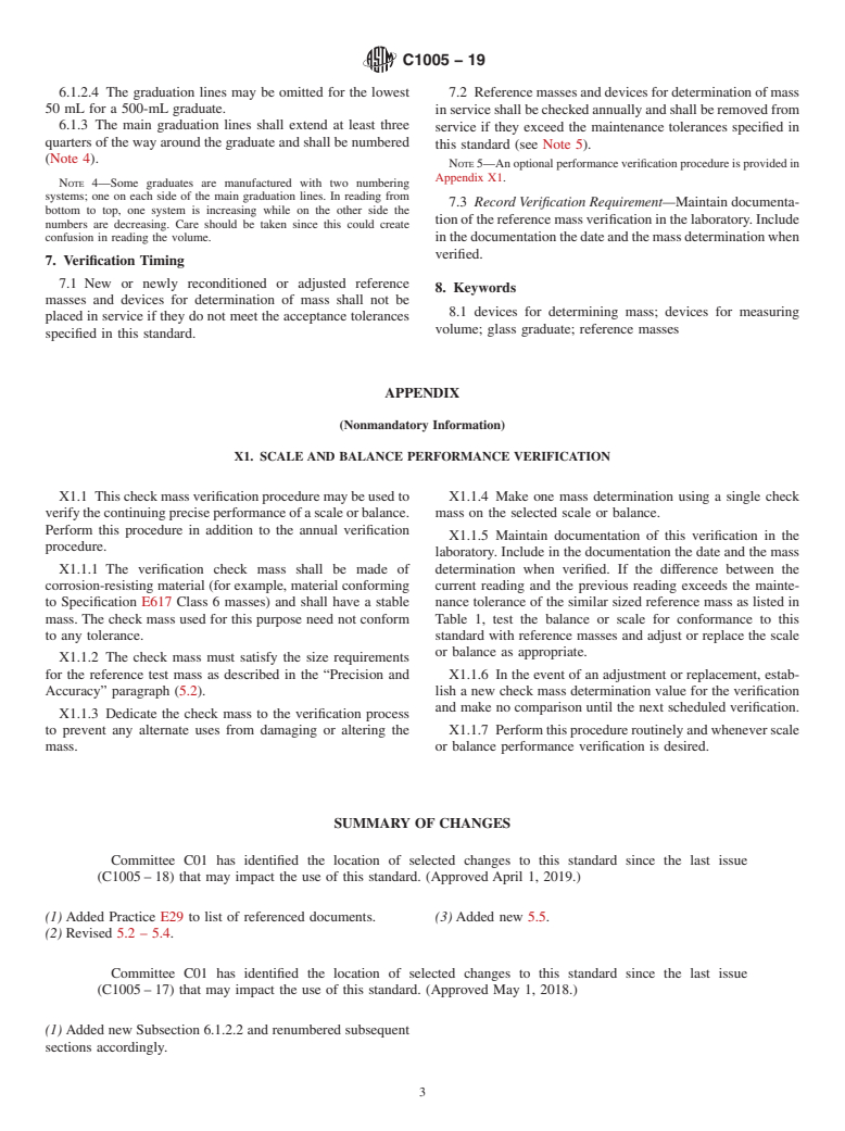 ASTM C1005-19 - Standard Specification for  Reference Masses and Devices for Determining Mass and Volume  for Use in the Physical Testing of Hydraulic Cements