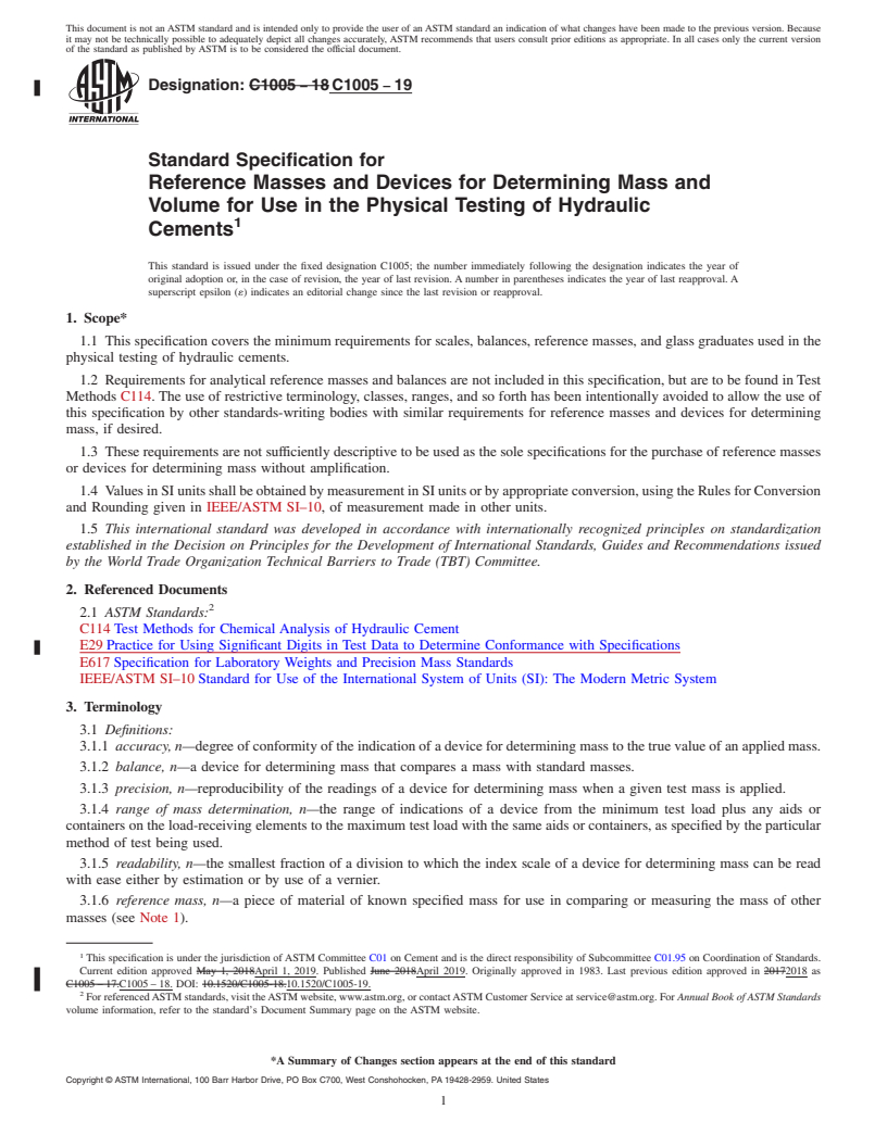 REDLINE ASTM C1005-19 - Standard Specification for  Reference Masses and Devices for Determining Mass and Volume  for Use in the Physical Testing of Hydraulic Cements